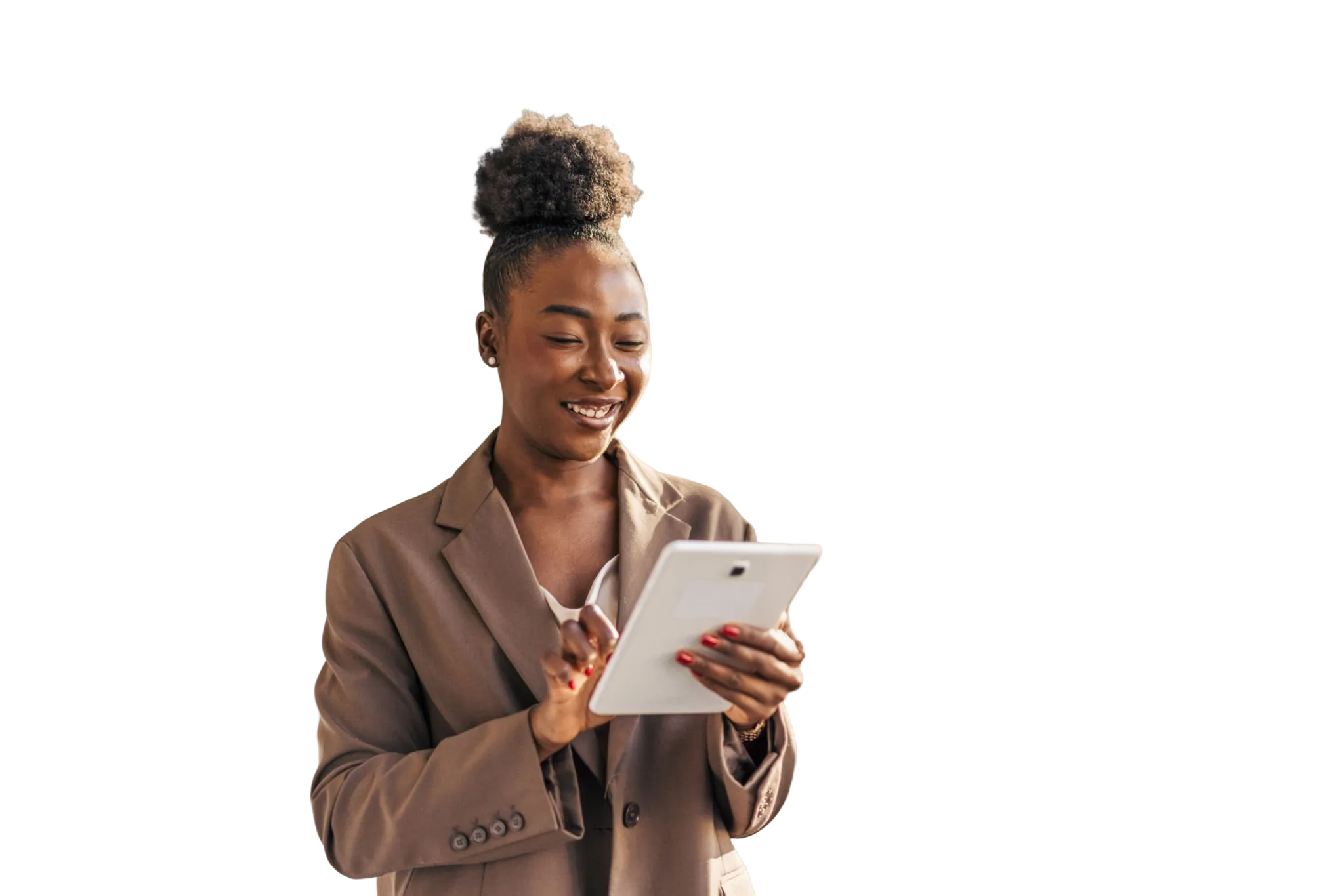 Professional woman using tablet for fast money transfer